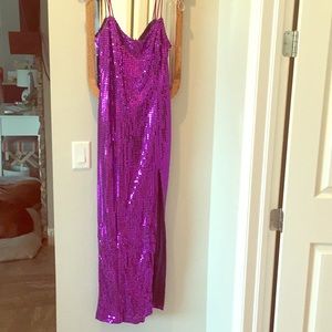 Purple Sequin Prom Dress with high slit.